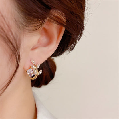 Zircon Pearl Leaf-shapepd Stud Earrings Graceful And Fashionable Earrings-Jewearrings