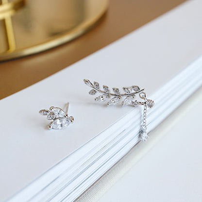 S925 Sterling Silver Simple Asymmetric Leaf Leaf Stud Earrings-Jewearrings