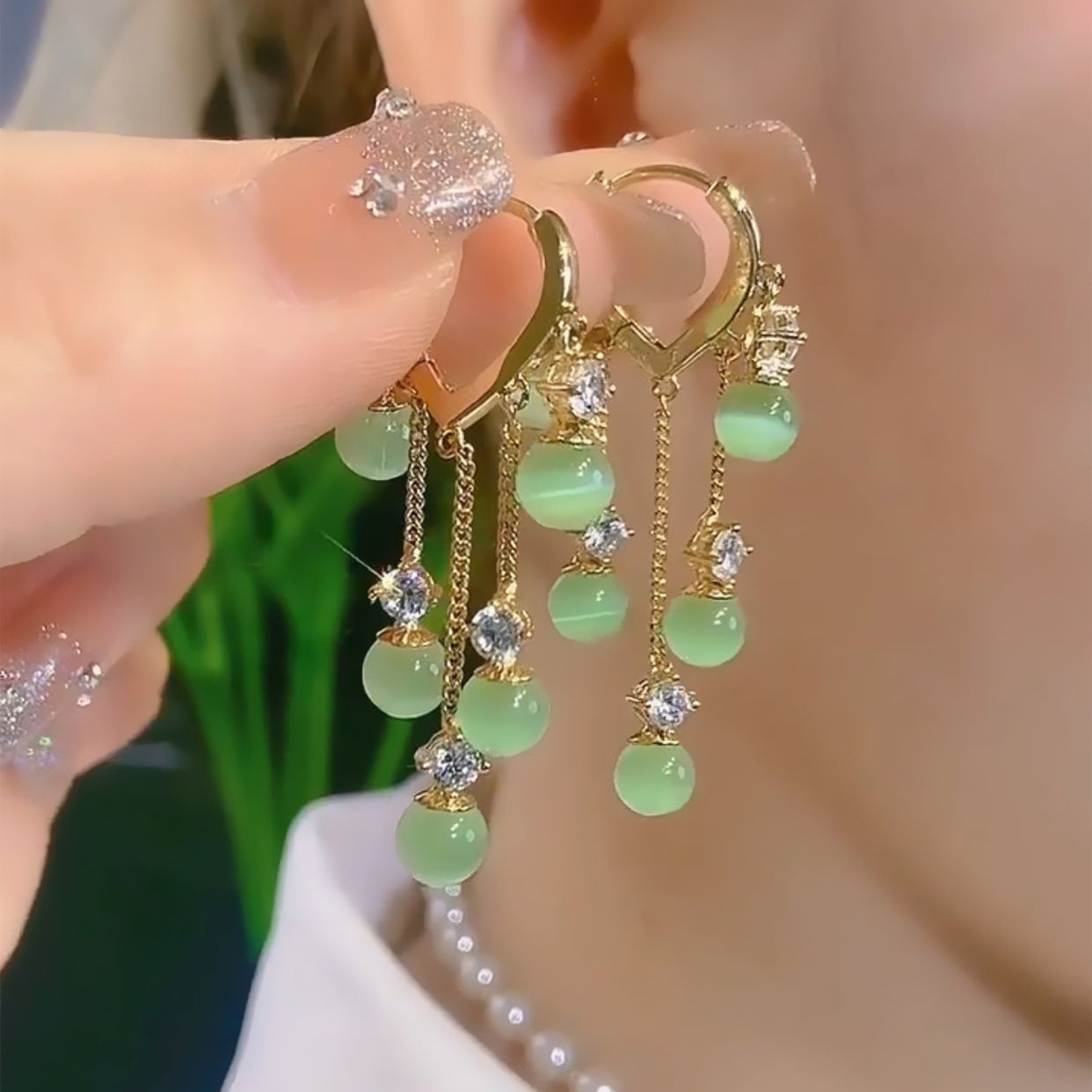 Niche Design Emerald Opal All-match Heart-shaped Tassel Earrings-Jewearrings