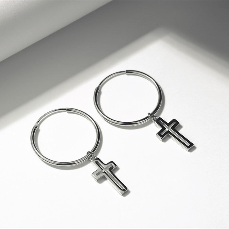 Women's Sterling Silver Ring Cross Earrings-Jewearrings