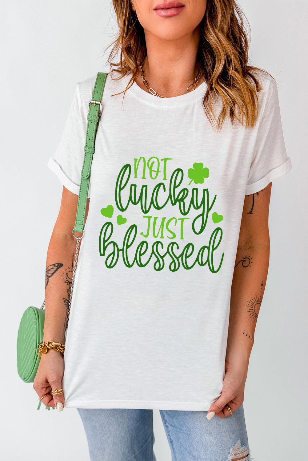 NOT LUCKY JUST BLESSED Round Neck T-Shirt-Jewearrings