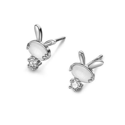 Pure Silver Opal Cute Rabbit Stud Earrings Women's Silver Jewelry Small Refined Grace-Jewearrings