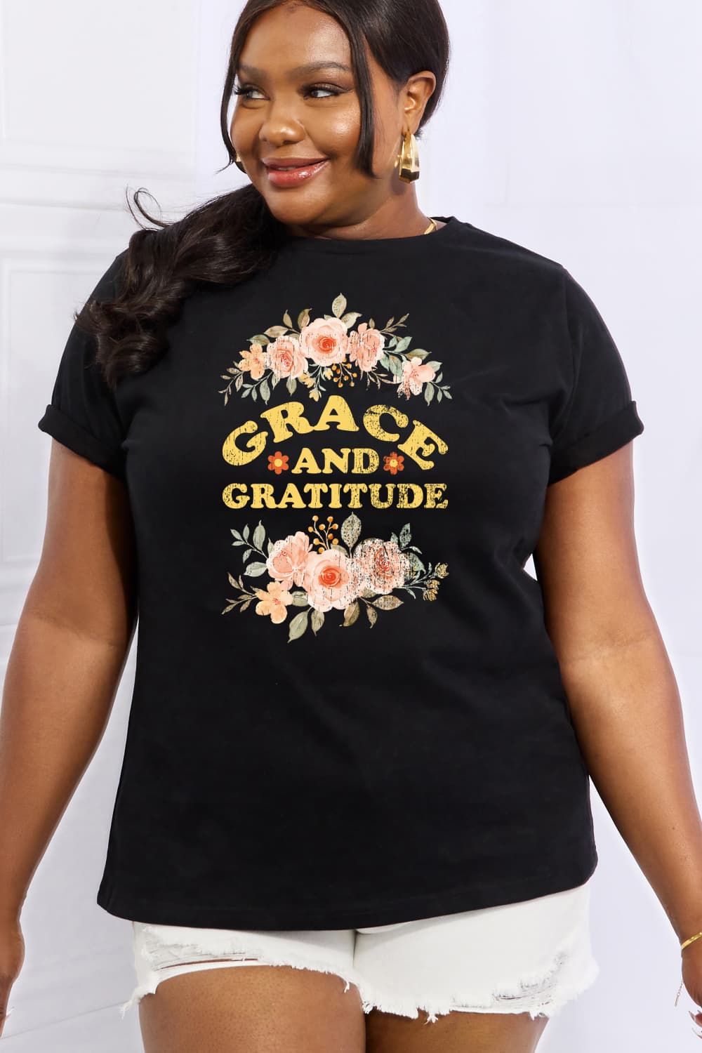 Simply Love Simply Love Full Size GRACE AND GRATITUDE Graphic Cotton Tee-Jewearrings