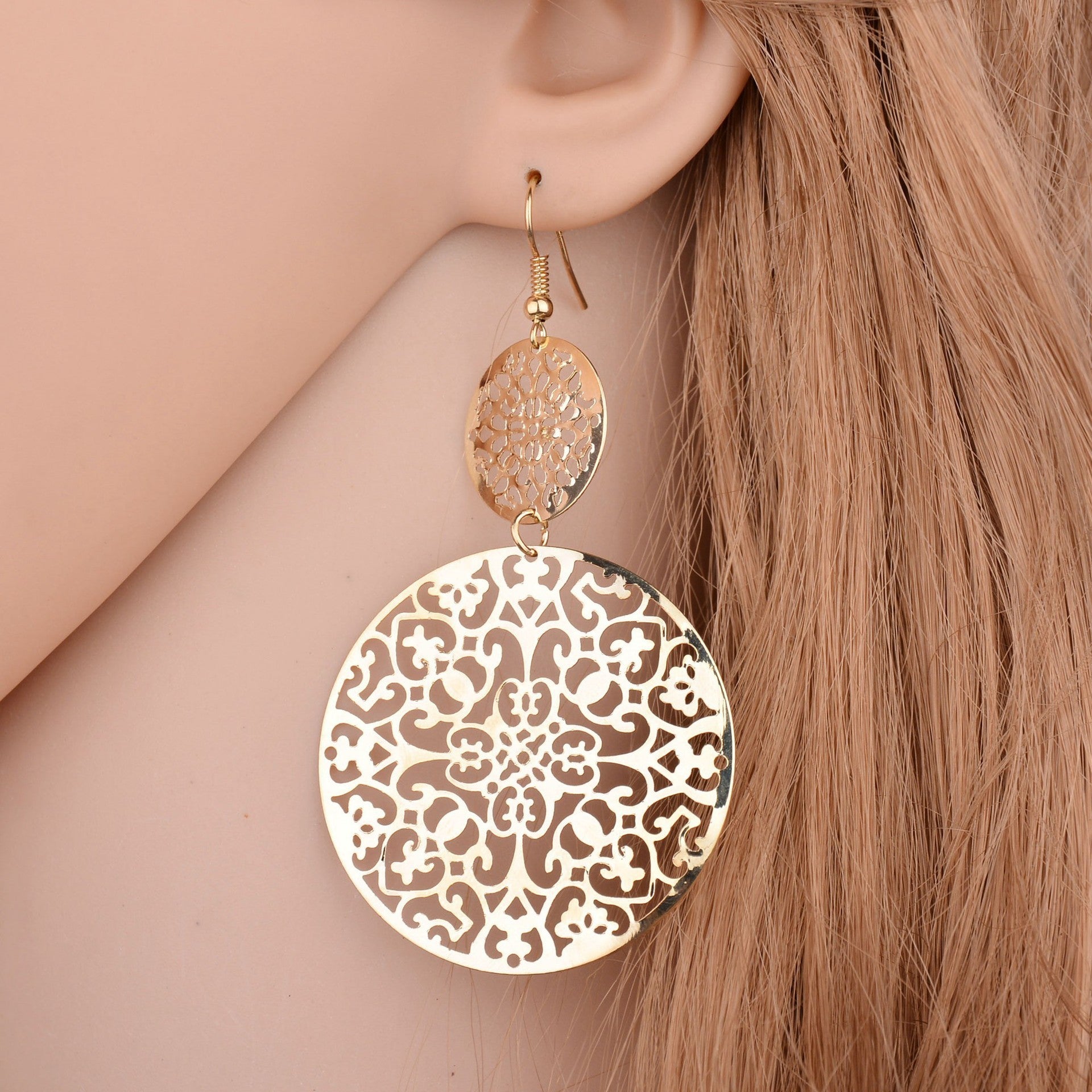 Womens Round Hollow Earrings Gold Filled Dangle Earrings Drop Earing Jewelry-Jewearrings