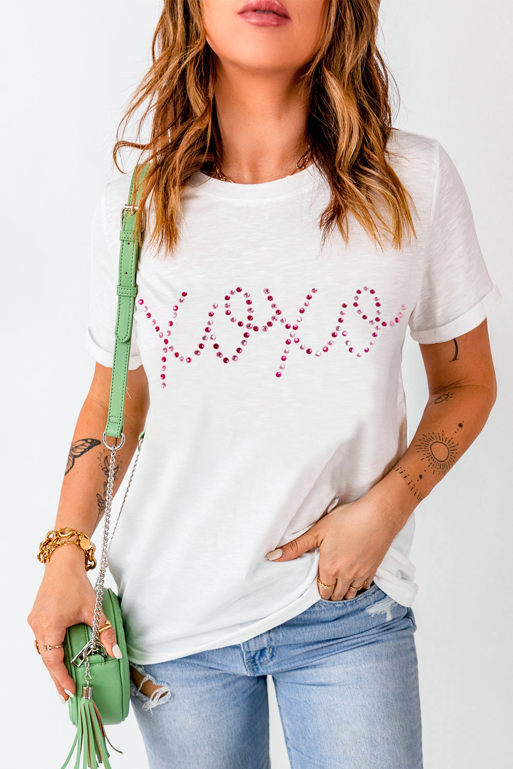 XOXO Rhinestone Round Neck Short Sleeve T-Shirt-Jewearrings