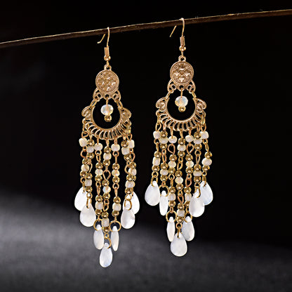 Bohemian Gem All Match Water Drop Tassel Temperamental Dangle Earrings-Jewearrings