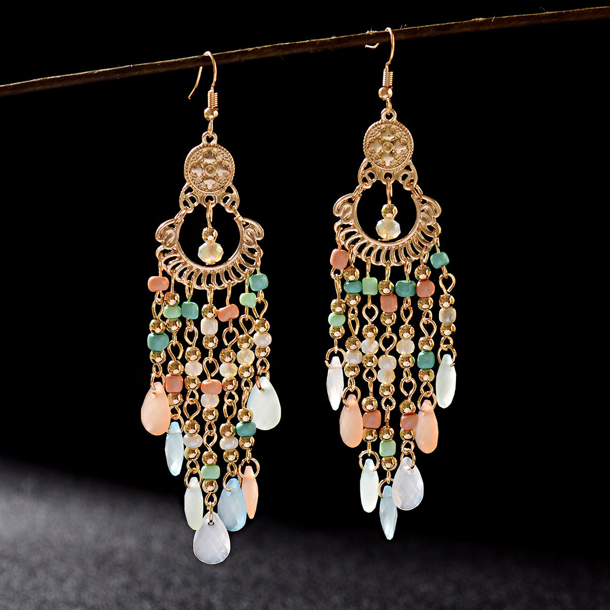 Bohemian Gem All Match Water Drop Tassel Temperamental Dangle Earrings-Jewearrings