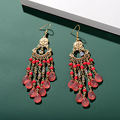 Bohemian Gem All Match Water Drop Tassel Temperamental Dangle Earrings-Jewearrings