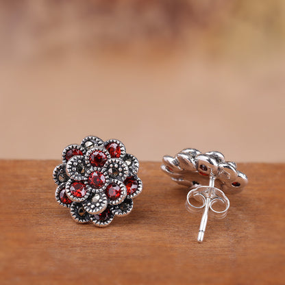 Ladies 925 Silver Jewelry Flower Red Zircon Earrings-Jewearrings