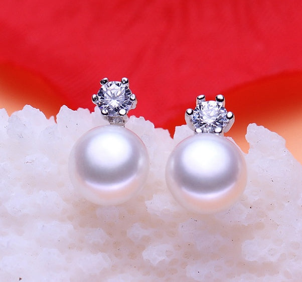 Six claws freshwater pearl silver earrings 8-9mm inlaid zircon earrings earrings jewelry-Jewearrings