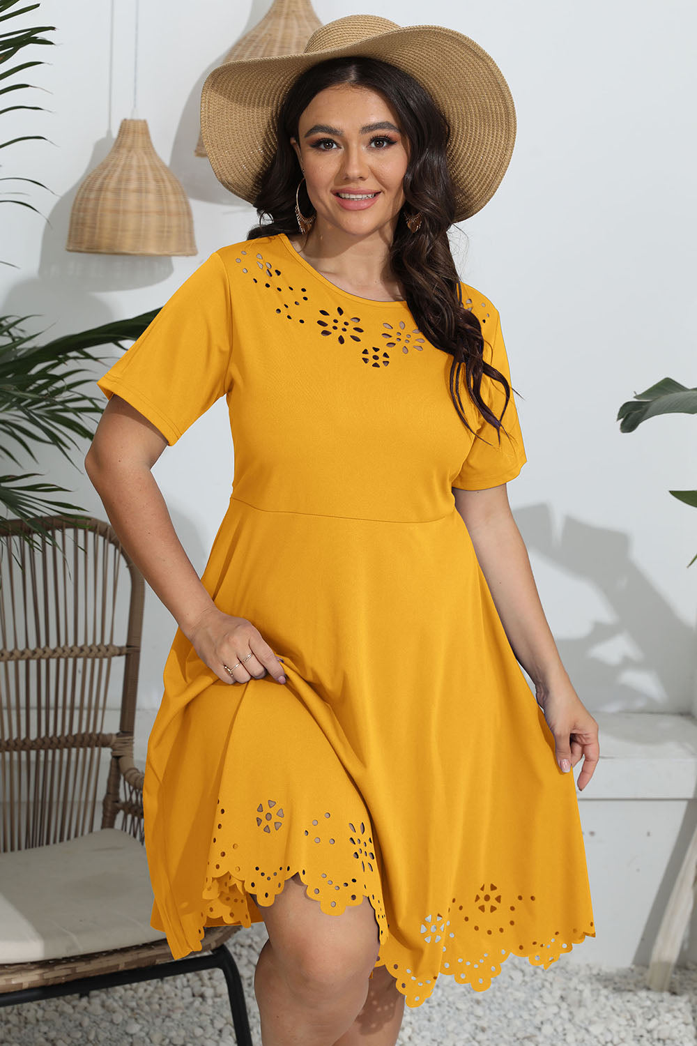 Plus Size Round Neck Openwork Dress-Jewearrings