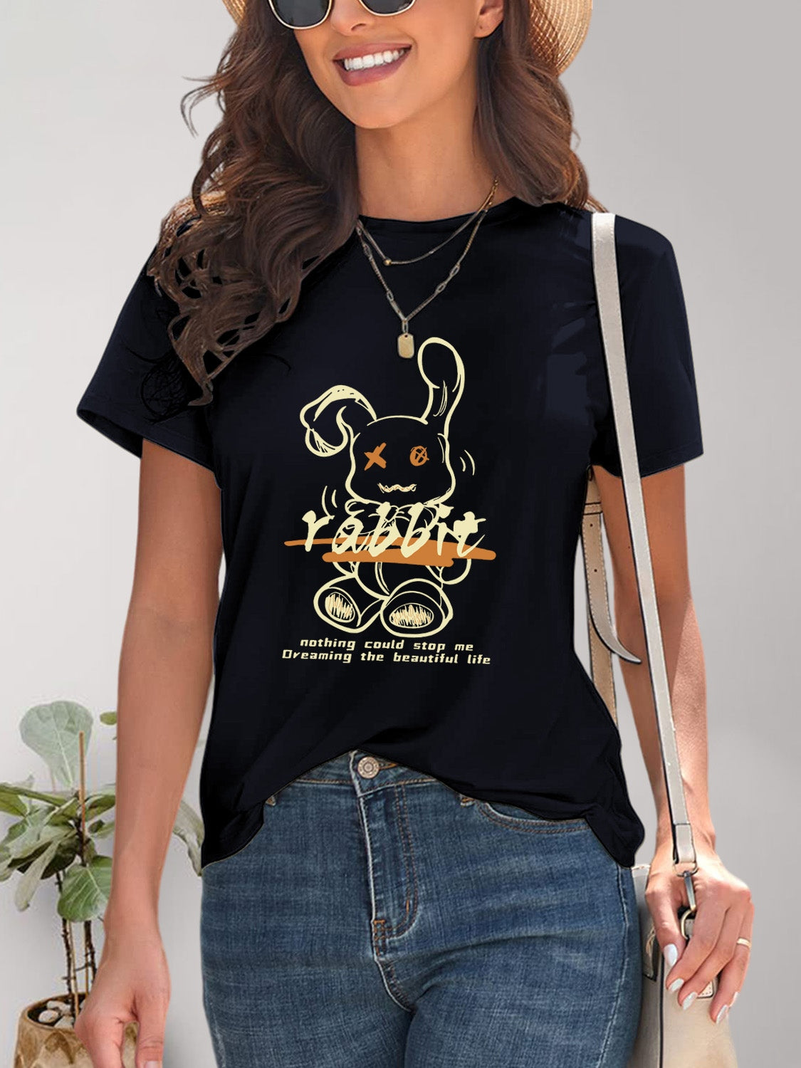 Rabbit Graphic Round Neck Short Sleeve T-Shirt-Jewearrings