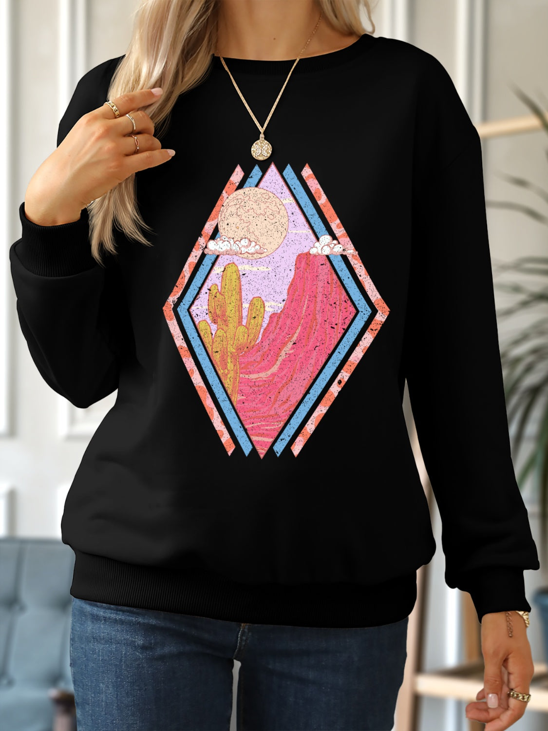 Graphic Round Neck Long Sleeve Sweatshirt-Jewearrings