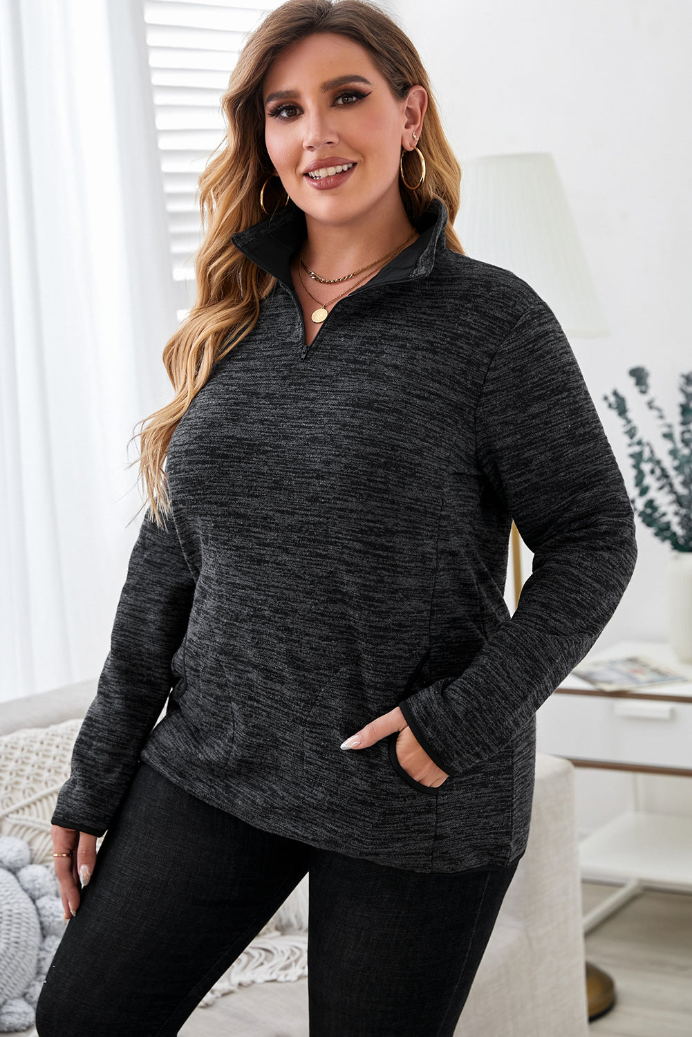 Plus Size Heathered Quarter Zip Pullover-Jewearrings