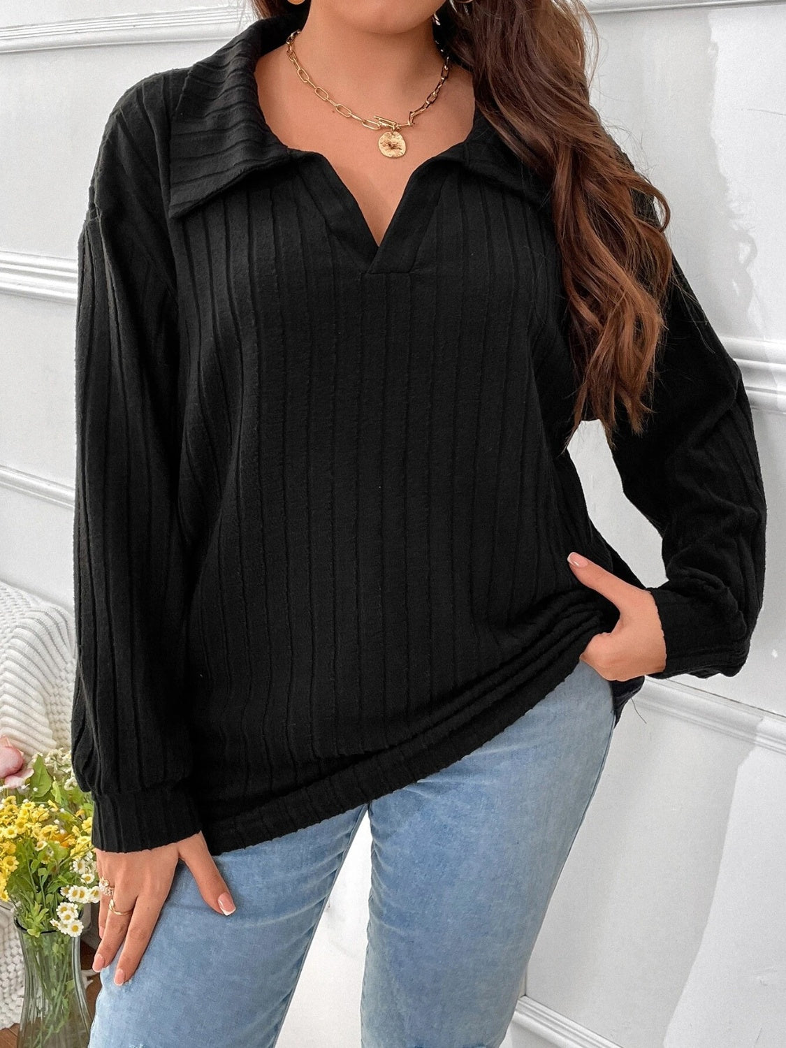 Plus Size Ribbed Johnny Collar Long Sleeve T-Shirt-Jewearrings