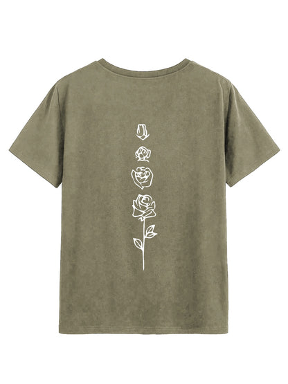 Rose Round Neck Short Sleeve T-Shirt-Jewearrings