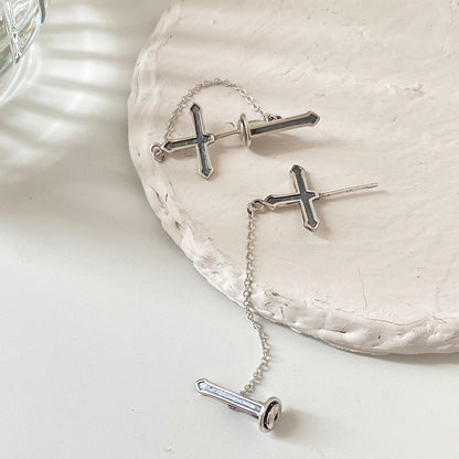 Sterling Silver Cross Vintage Chain Stud Earrings-Jewearrings