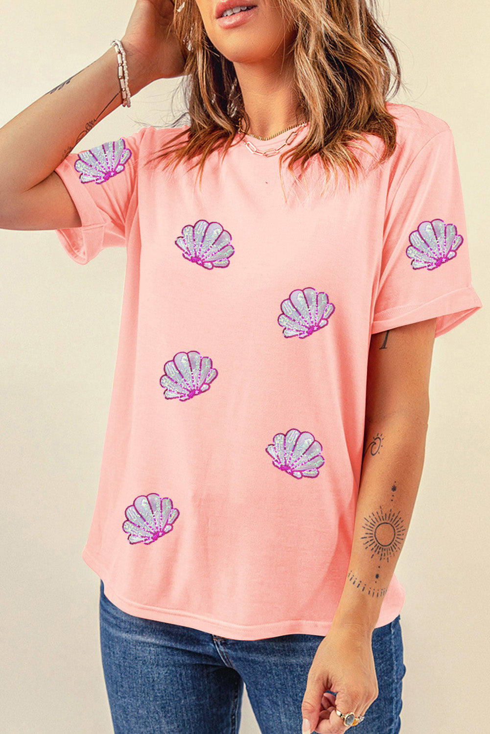 Shell Round Neck Short Sleeve T-Shirt-Jewearrings