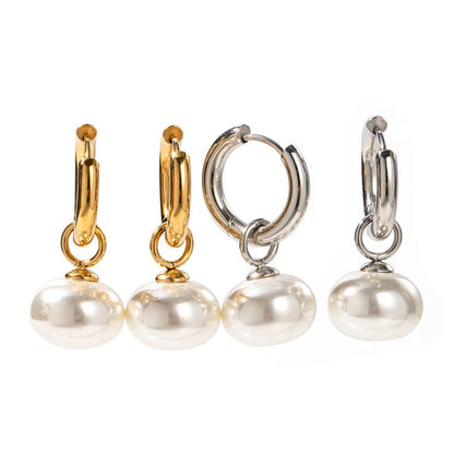 16K Gold Stainless Steel Pearl Pendant Earrings-Jewearrings