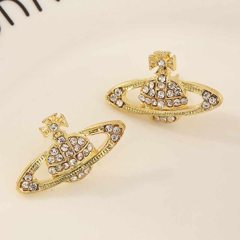 Crystal Cross Saturn Planet Stud Earrings For Women-Jewearrings