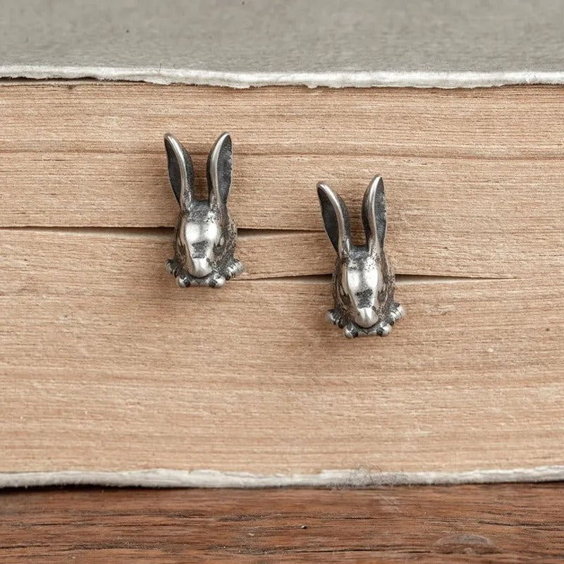 S925 Sterling Silver Retro Punk Rabbit Stud Earrings-Jewearrings