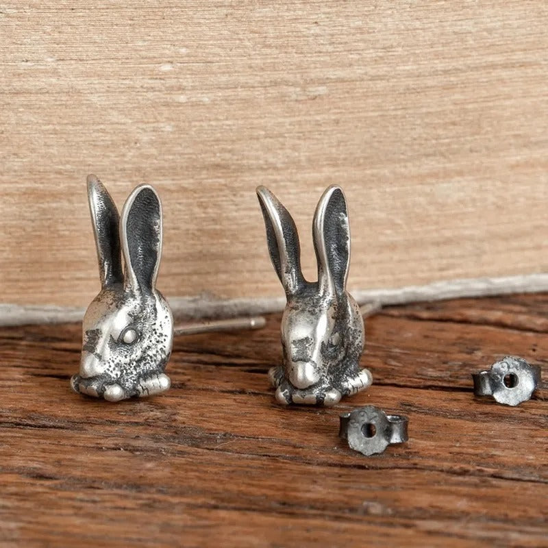 S925 Sterling Silver Retro Punk Rabbit Stud Earrings-Jewearrings