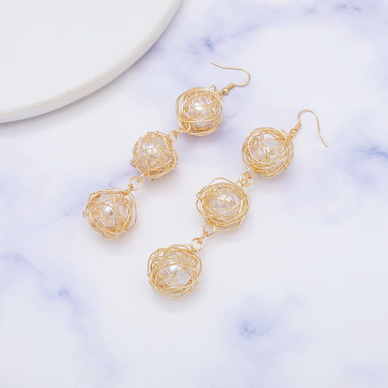 Metal Winding Hollow Winding Embedded Pearl Grace Sweet Earrings-Jewearrings