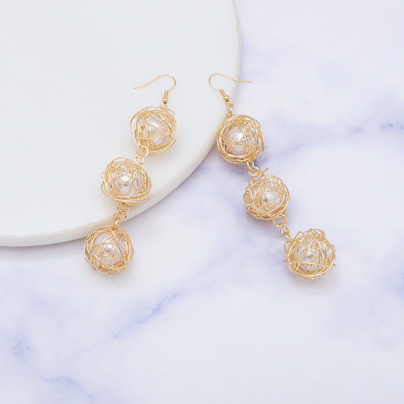 Metal Winding Hollow Winding Embedded Pearl Grace Sweet Earrings-Jewearrings