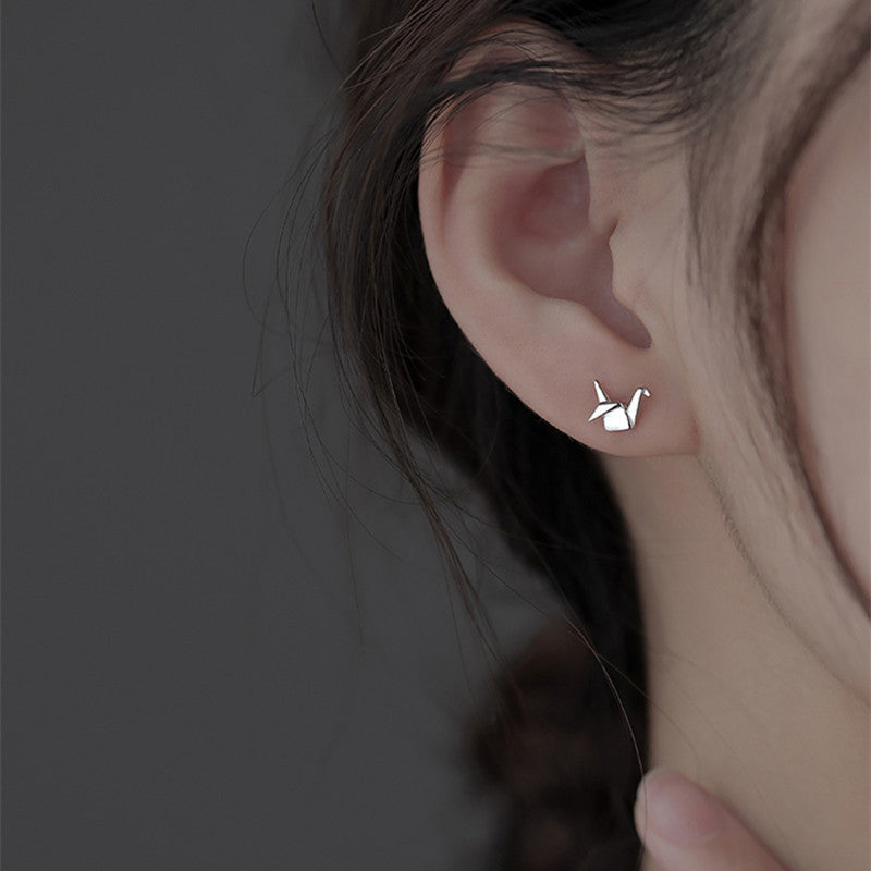 Small 925 Sterling Silver Paper Crane Stud Earrings For Women-Jewearrings