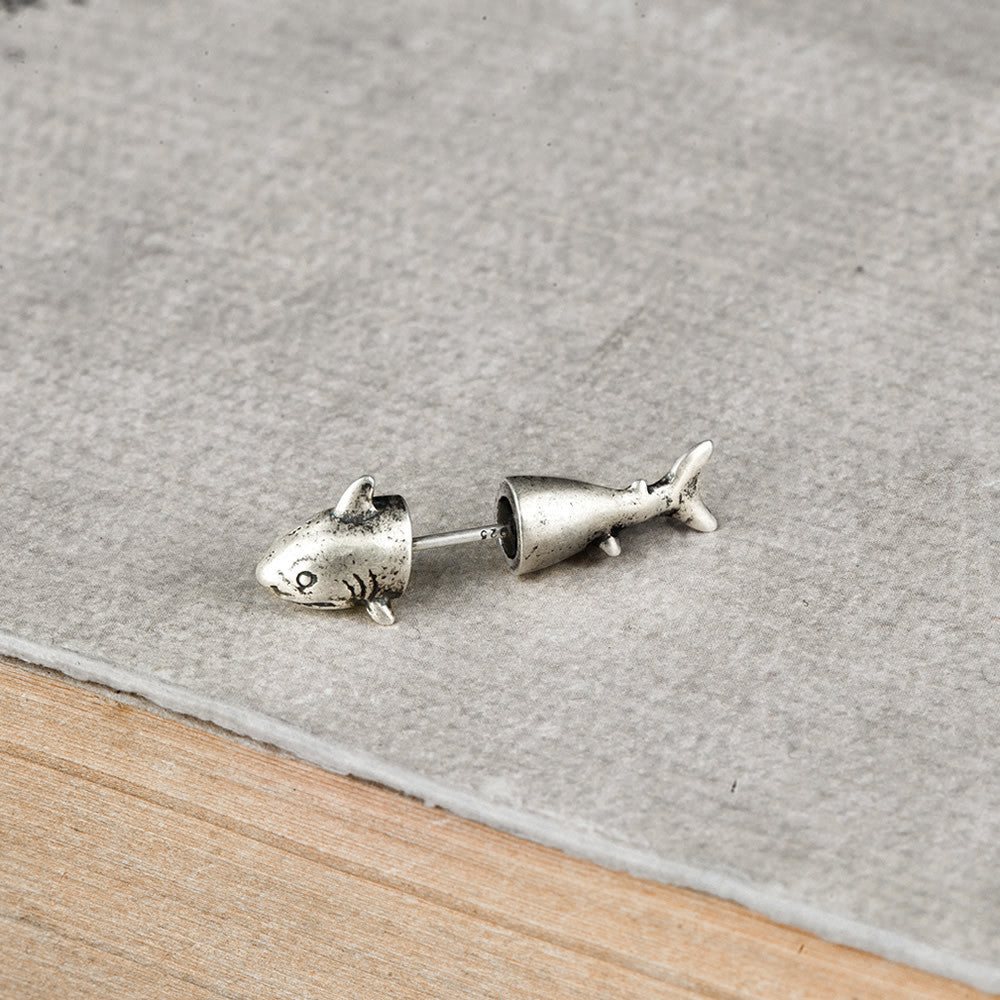 S925 Sterling Silver Shark Stud Earrings Retro Ornament-Jewearrings