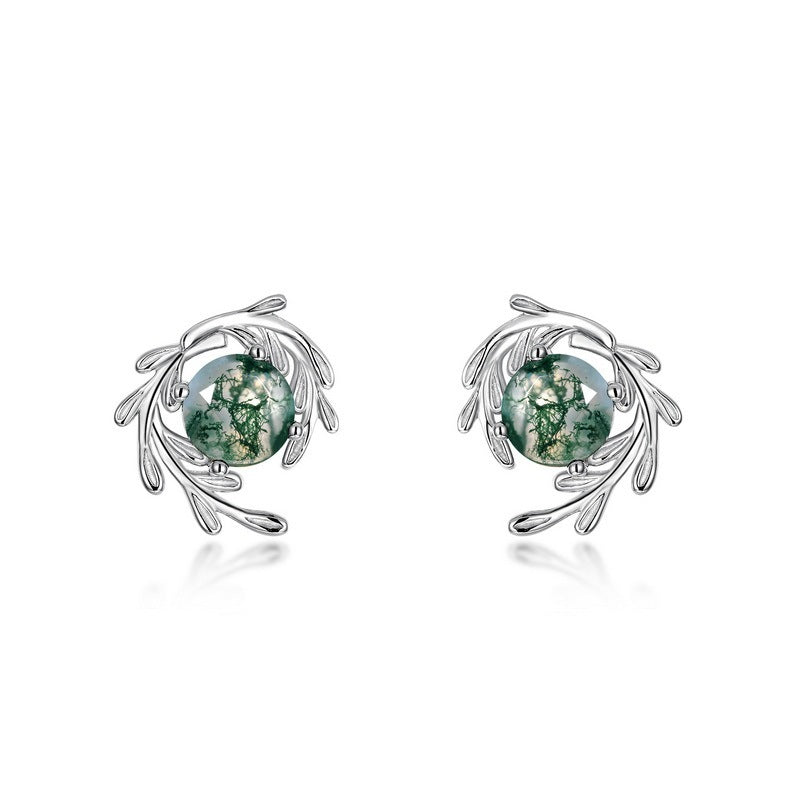 Green Moss Stone Jewelry S925 Silver Stud Earrings-Jewearrings