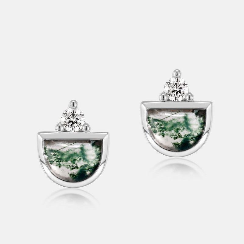 Silver Inlaid Green Moss Stone Stud Earrings-Jewearrings