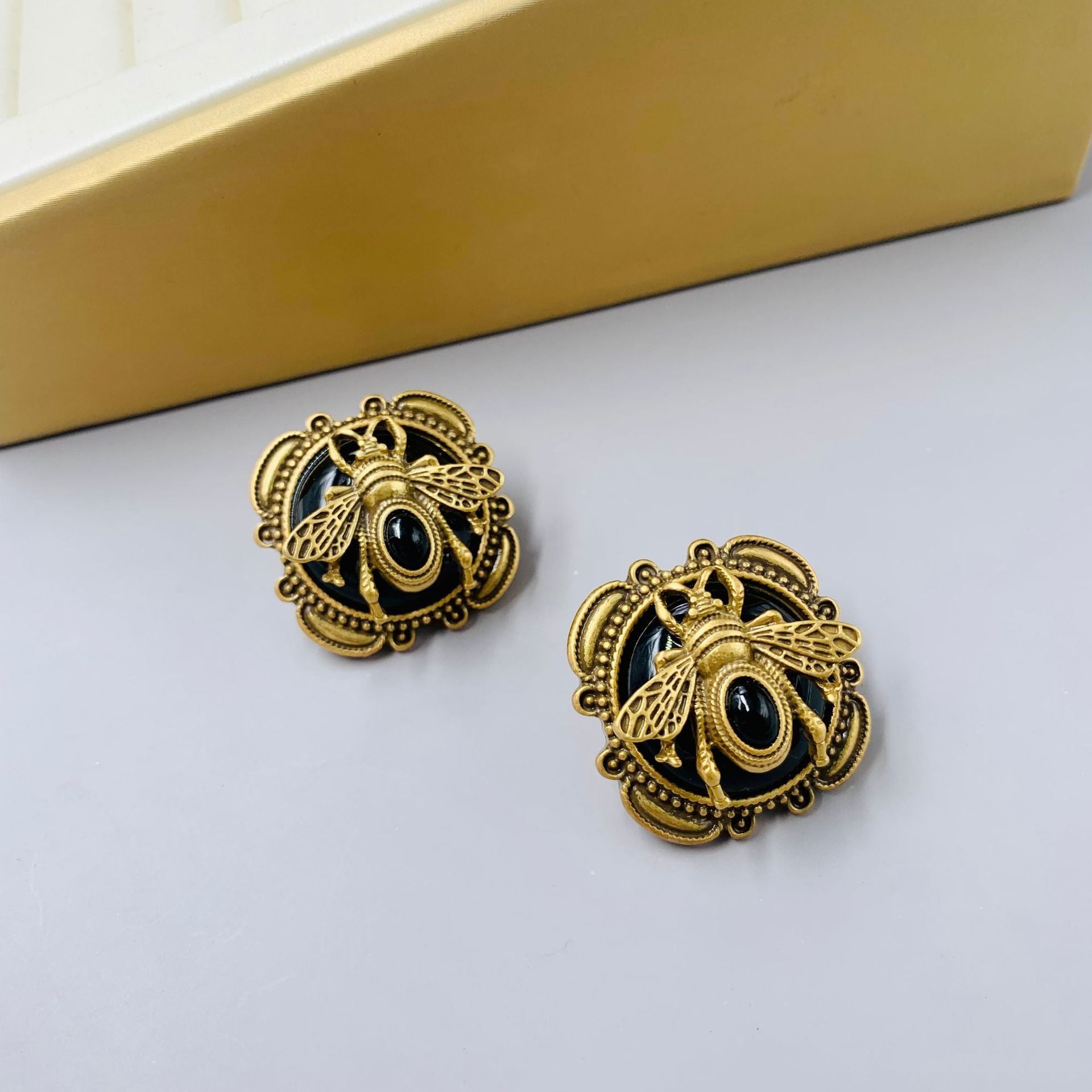 Vintage Gold Plated Black 925 Silver Pin Earrings-Jewearrings