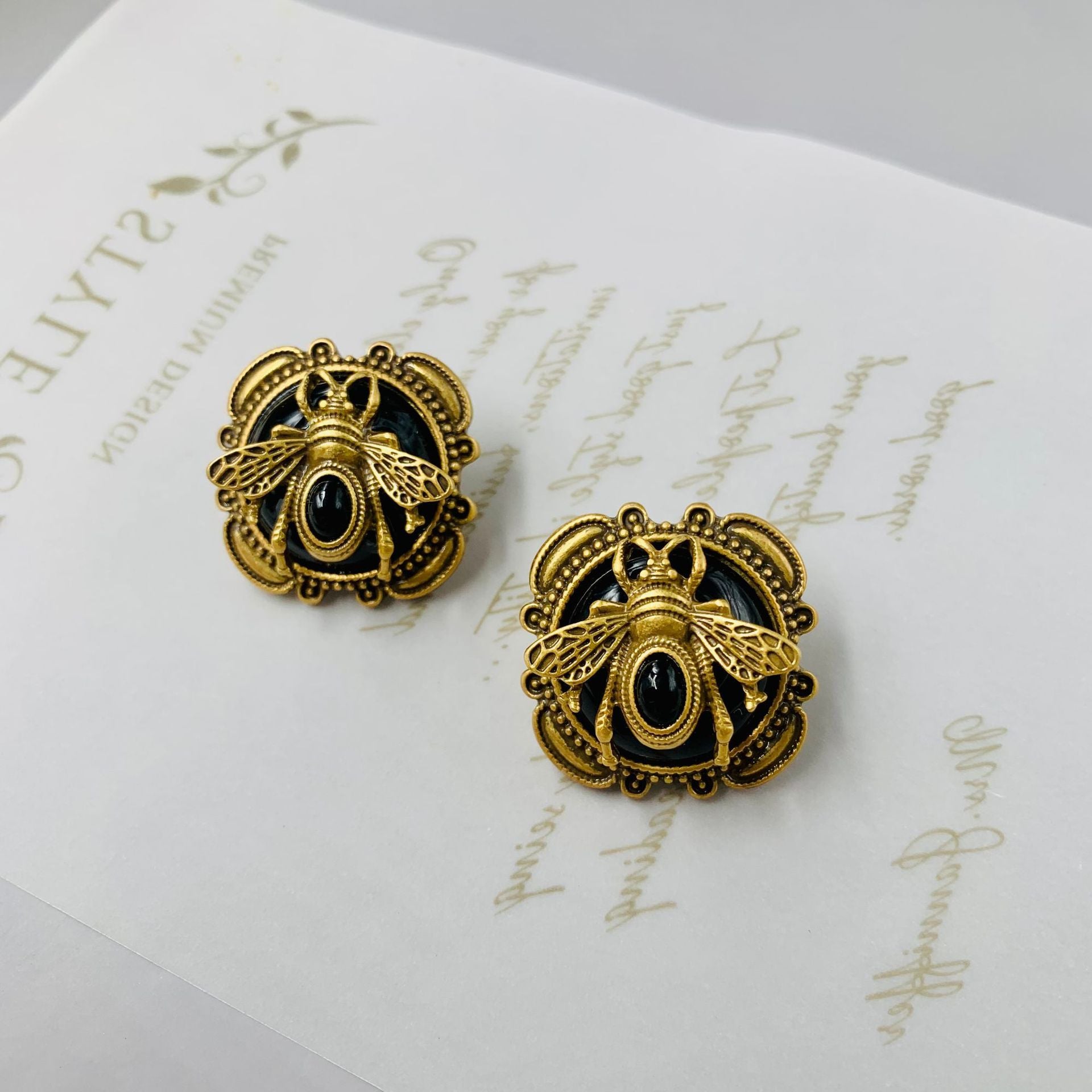 Vintage Gold Plated Black 925 Silver Pin Earrings-Jewearrings