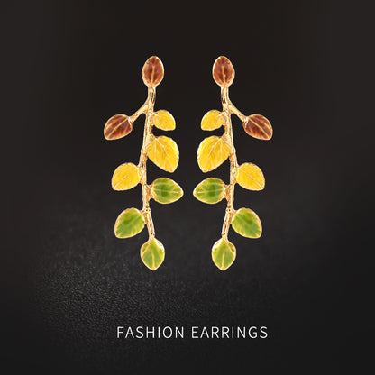 Plant Leaves Enamel Drip Glazed 18K Gilded Stud Earrings-Jewearrings