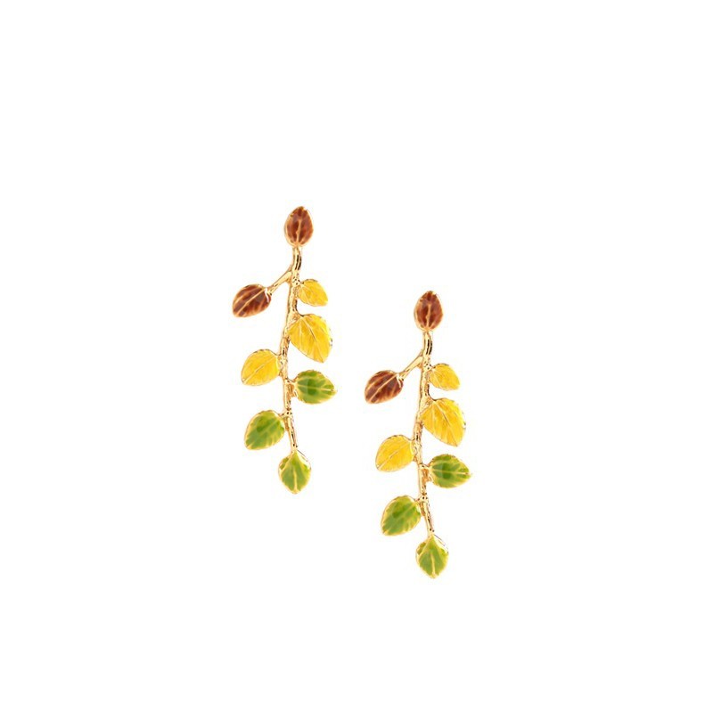 Plant Leaves Enamel Drip Glazed 18K Gilded Stud Earrings-Jewearrings