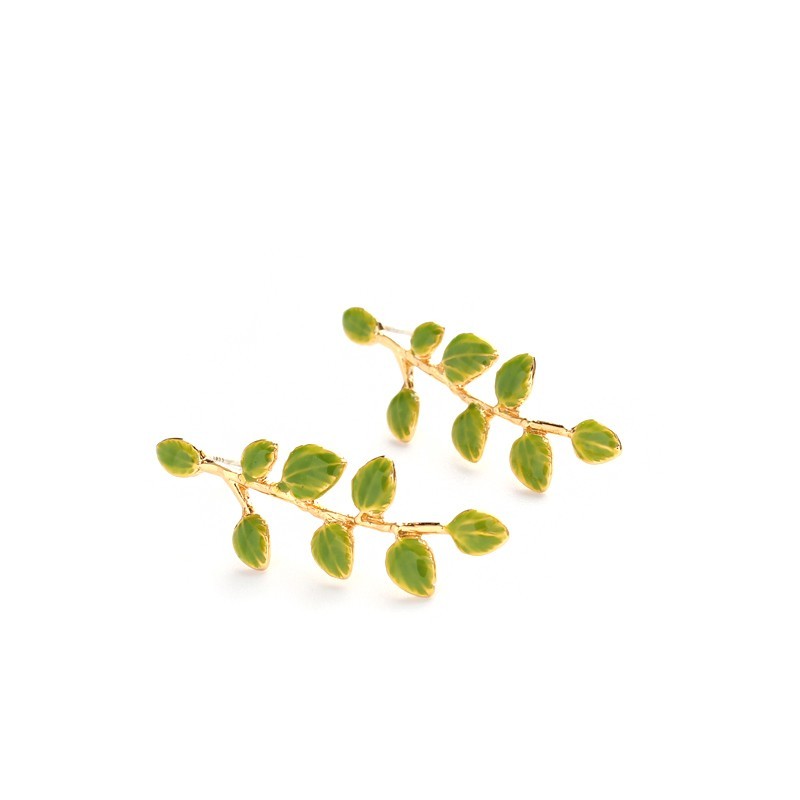 Plant Leaves Enamel Drip Glazed 18K Gilded Stud Earrings-Jewearrings