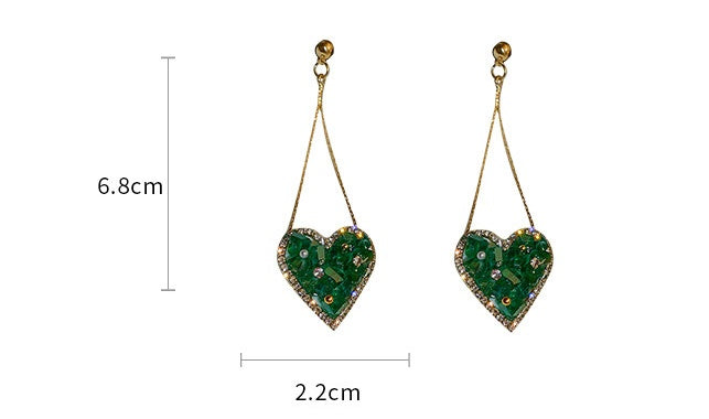 Silver Stud Rhinestone-encrusted Emerald Crystal Love Heart Earrings-Jewearrings