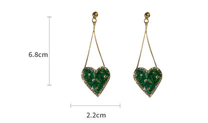 Silver Stud Rhinestone-encrusted Emerald Crystal Love Heart Earrings-Jewearrings