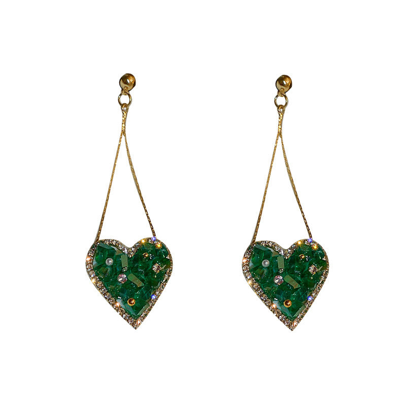 Silver Stud Rhinestone-encrusted Emerald Crystal Love Heart Earrings-Jewearrings