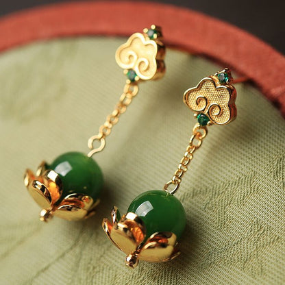 S925 Silver Ancient Style Golden Wishes Hetian Jade Green Jade Earrings-Jewearrings