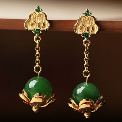 S925 Silver Ancient Style Golden Wishes Hetian Jade Green Jade Earrings-Jewearrings