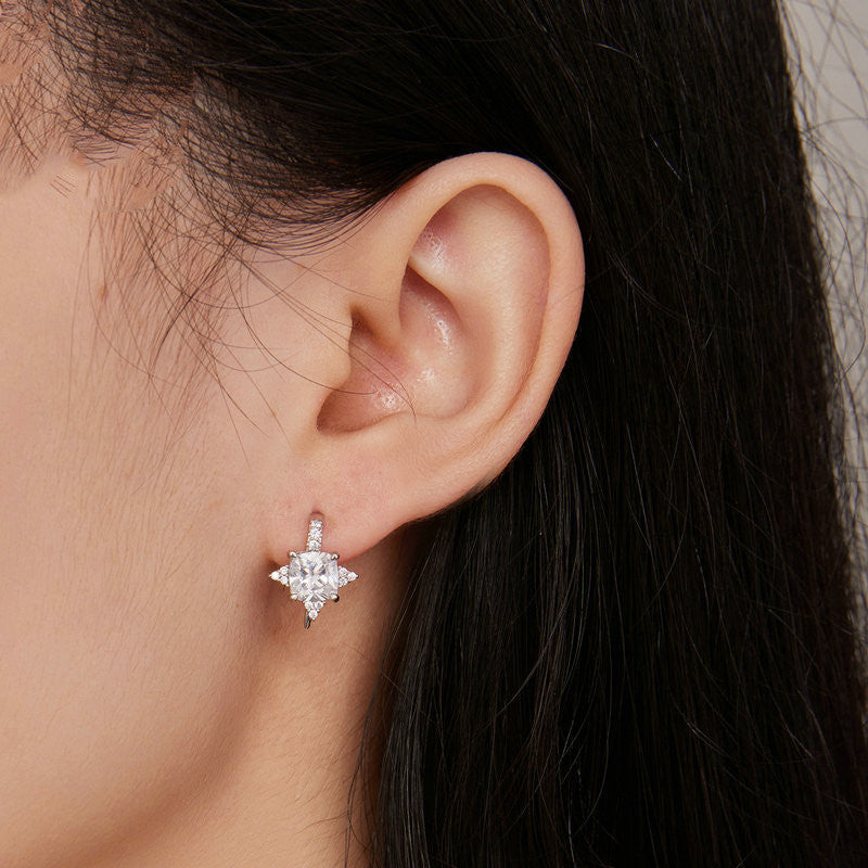 Sterling Silver Shining Ear Hook White Gold Plated Zircon Four-angle Star Bright Fashion Earrings Ear Studs-Jewearrings