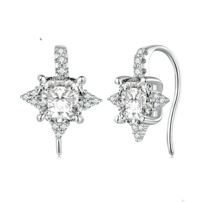 Sterling Silver Shining Ear Hook White Gold Plated Zircon Four-angle Star Bright Fashion Earrings Ear Studs-Jewearrings