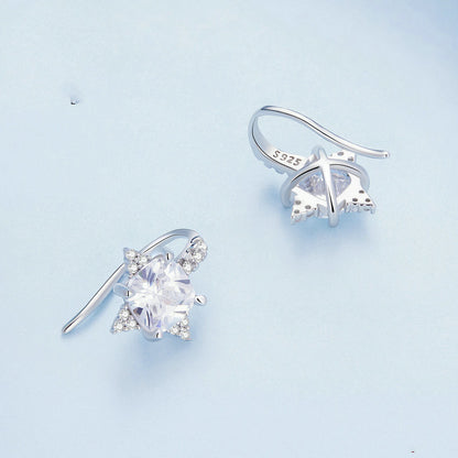 Sterling Silver Shining Ear Hook White Gold Plated Zircon Four-angle Star Bright Fashion Earrings Ear Studs-Jewearrings