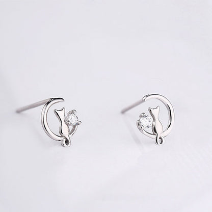 Women's Sterling Silver Moon Cat Stud Earrings Simple Rhinestone-Jewearrings