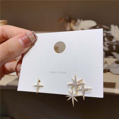 Sterling Silver Needle Shiny Asymmetric Stars Earrings-Jewearrings