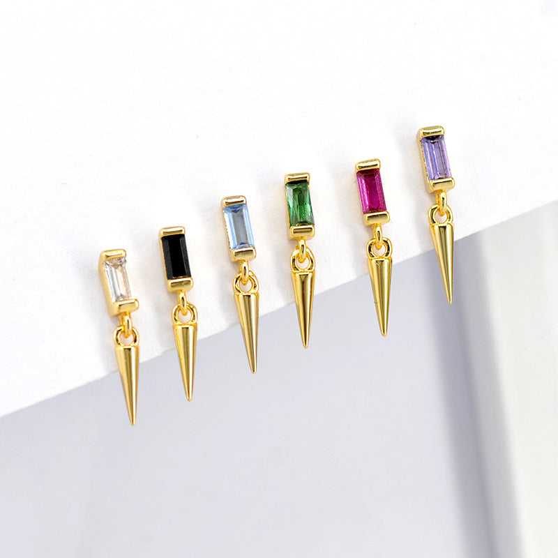 Sterling Silver Needle Conical Geometric Color Zircon Stud Earrings-Jewearrings