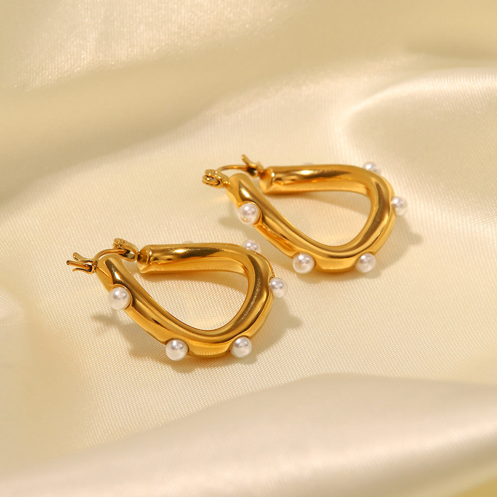 INS French Style New 18K Gold Plated Shaped Pearl-studded Earrings-Jewearrings