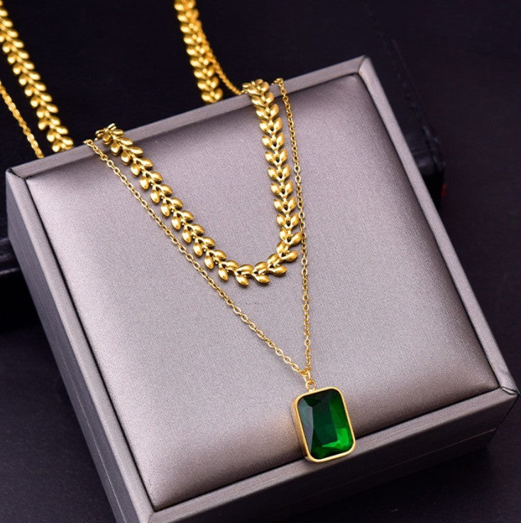 Women's Emerald Double-layer Wheat Lvzuan Necklace Earrings-Jewearrings